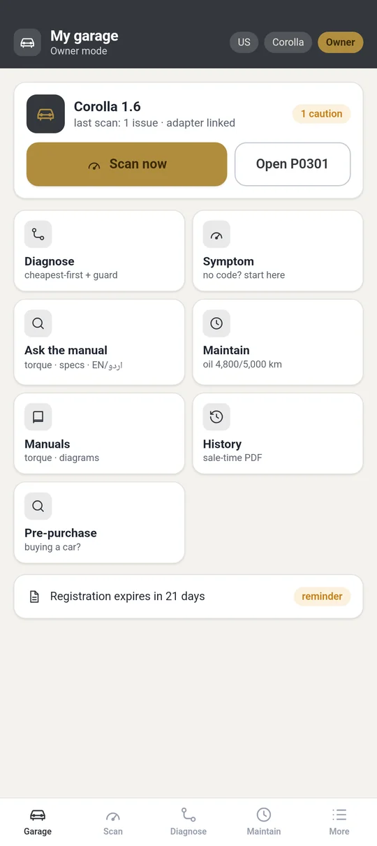 The garage home: your vehicle, its last scan, and the next maintenance step in one view, all offline.