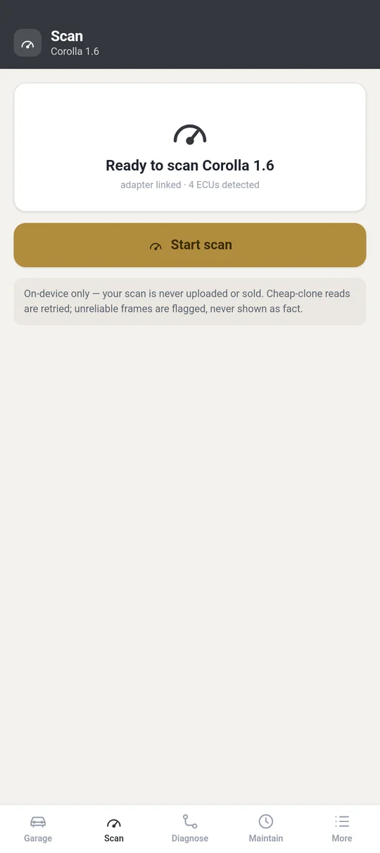 Ready to scan over a linked adapter. The scan stays on the device and is never uploaded or sold.