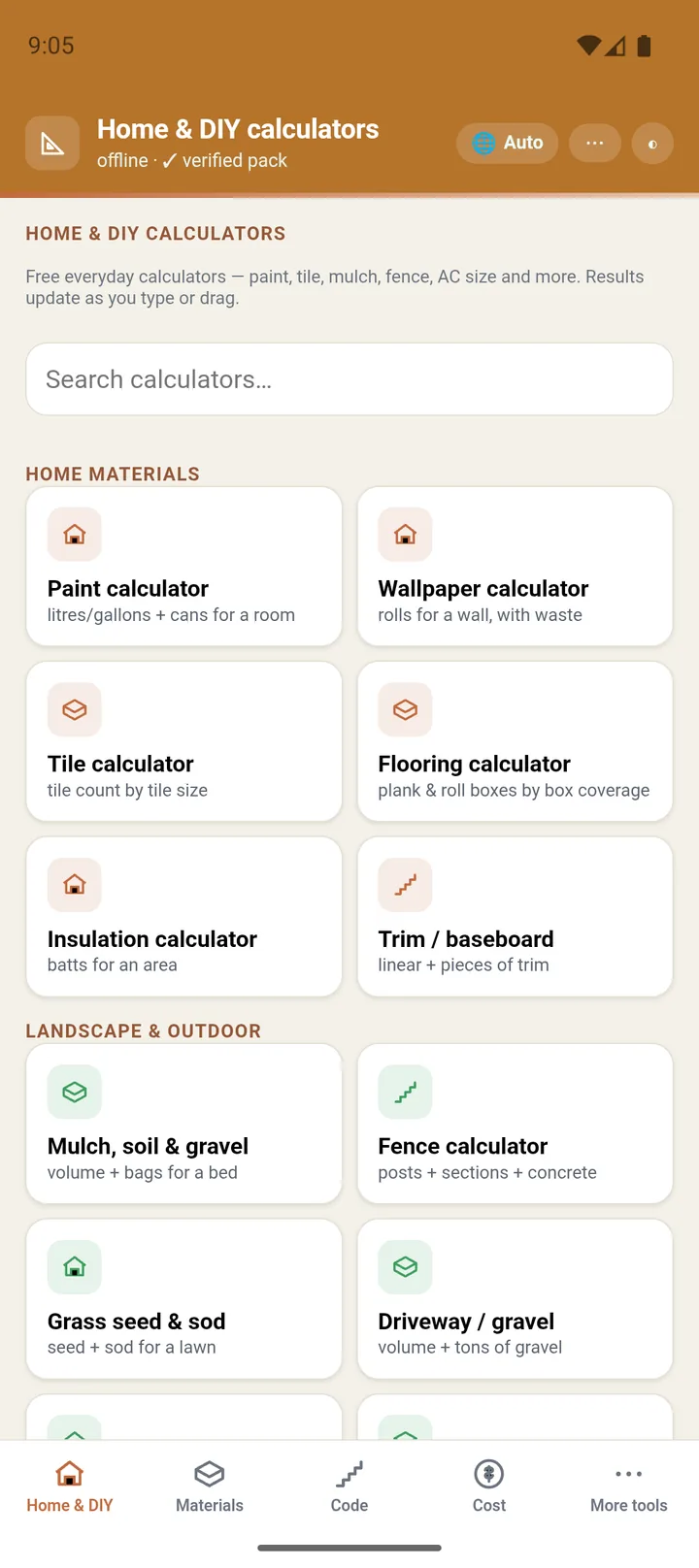 The Home & DIY hub: every free calculator grouped and searchable - paint, tile, mulch, fence, AC size and more.