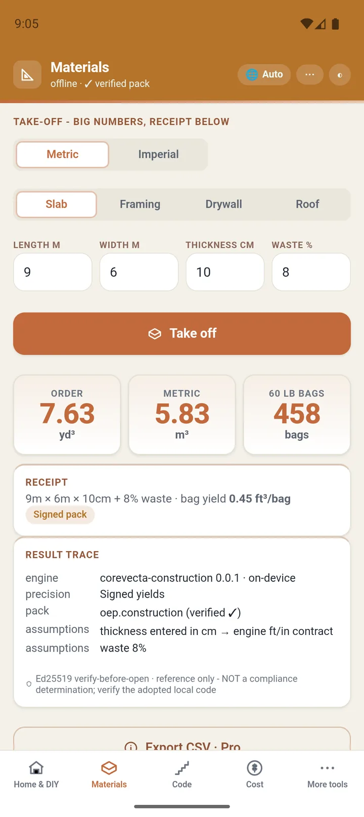 A 9×6 m slab at 10 cm with 8% waste: 5.83 m³, 458 bags - big numbers on top, an honest receipt and the full result trace underneath.
