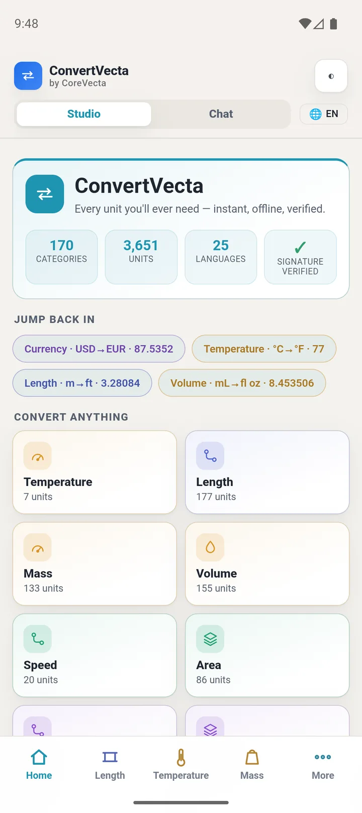 The Home hub: 170 categories, 3,651 units, 25 languages and a verified signed pack - the whole atlas one tap away, with your recent conversions ready to resume.