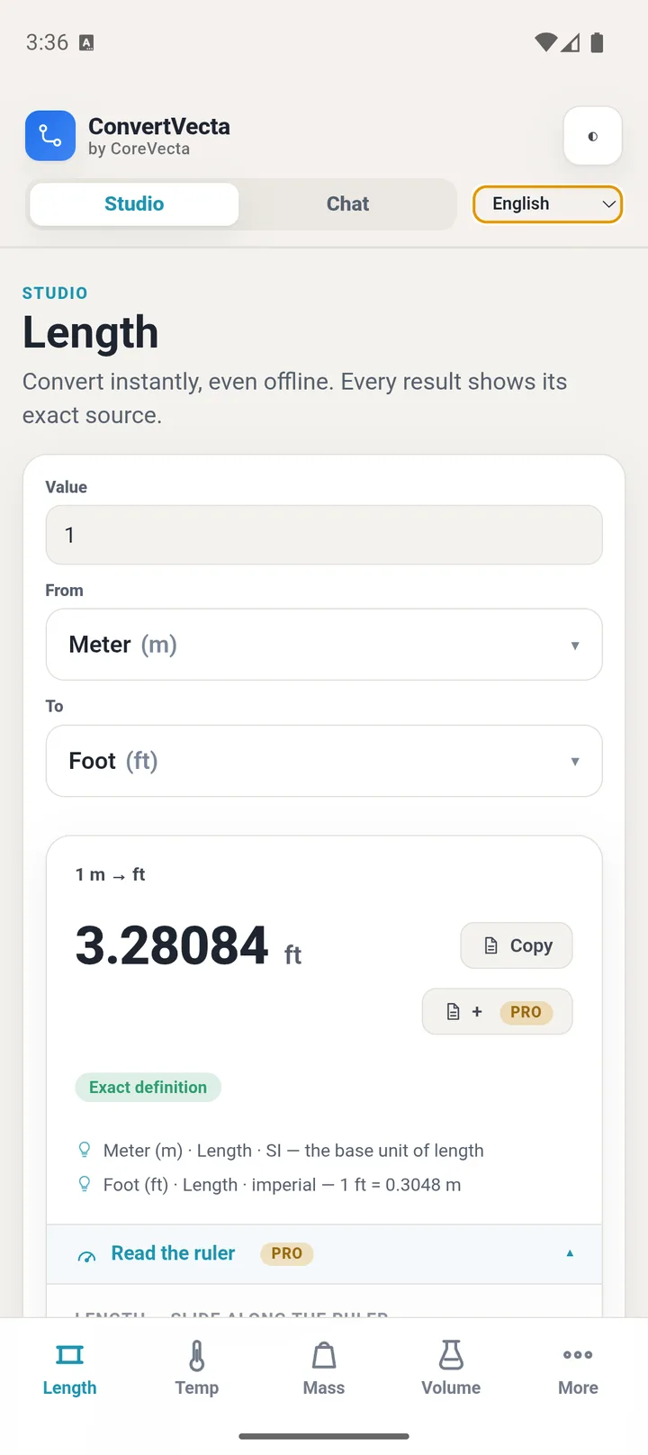 Studio: convert with an exact-definition trace on every result - 1 m = 3.28084 ft, with the SI and imperial definitions it used shown underneath. Runs on-device, offline.