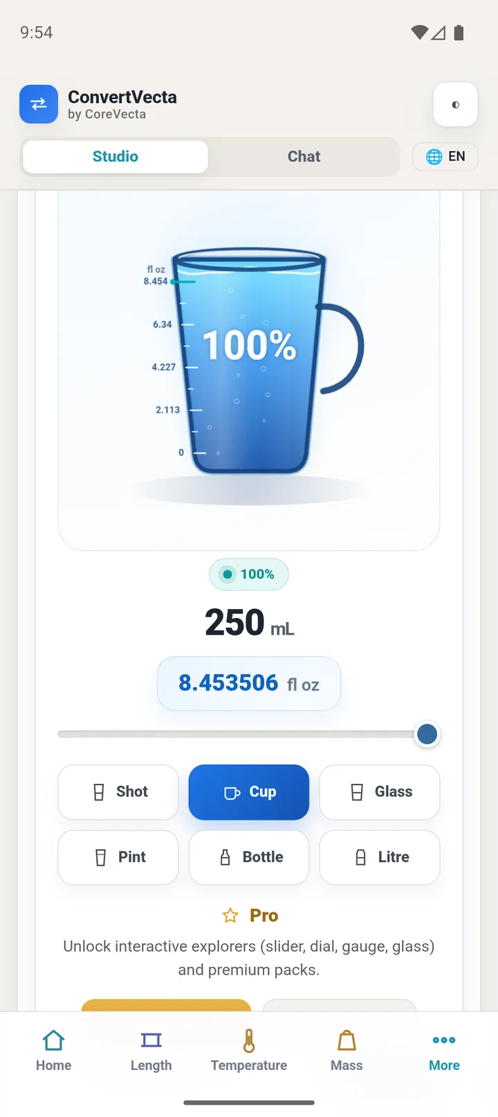 See it, don't just read it: pour 250 mL into a cup and watch it fill. Interactive explorers (glass, ruler, dials, gauges) are the one-time Pro upgrade.