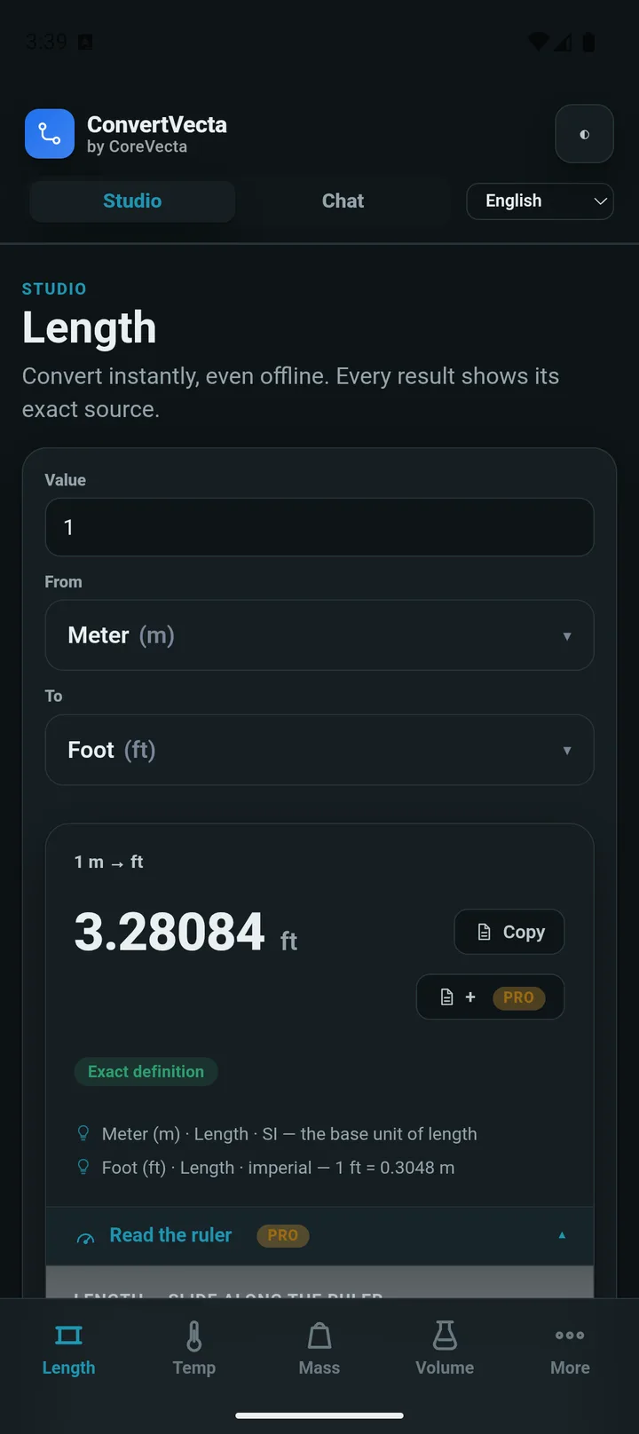 Full dark mode, with the same result and exact-definition trace on every conversion.