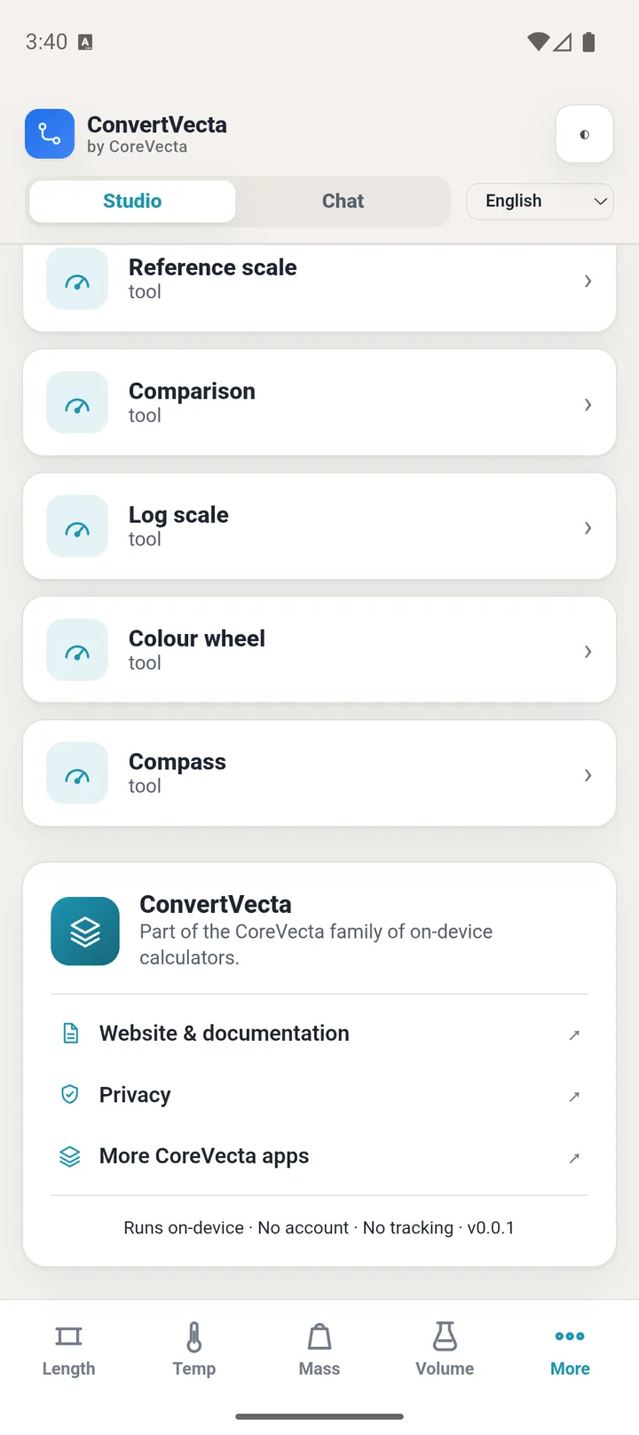 Part of the CoreVecta family: the in-app About links out to the website, documentation and privacy - no account, no tracking, everything on-device.