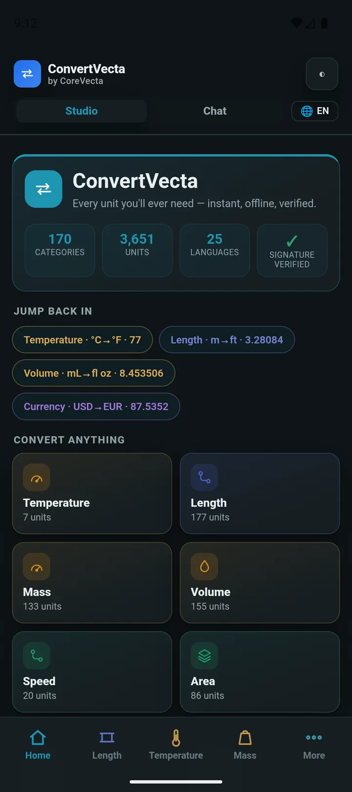 Dark mode across the whole app - the same color-coded categories, easy on the eyes.