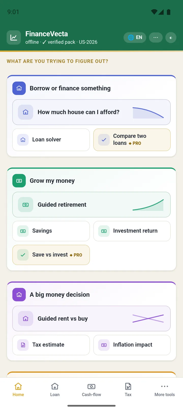 Start from your question: borrow, grow, or a big money decision - guided flows and expert tools organized by goal, not by acronym.