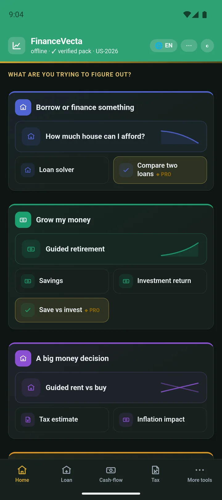 Dark mode included - the same guided home, day and night.