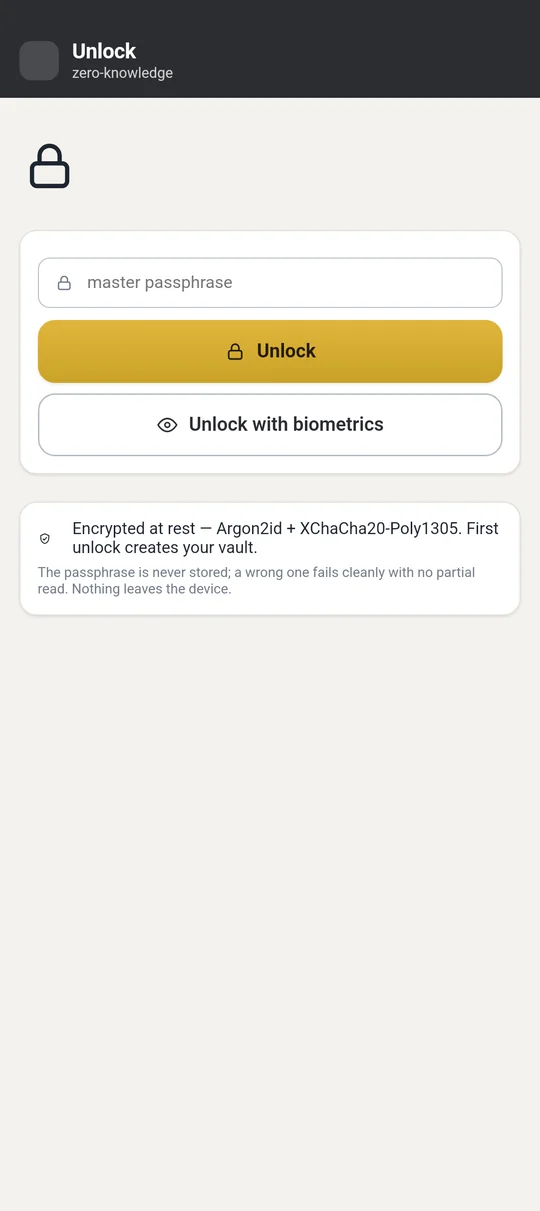 Encrypted at rest with Argon2id and XChaCha20-Poly1305. The passphrase is never stored, and a wrong one fails cleanly with no partial read.