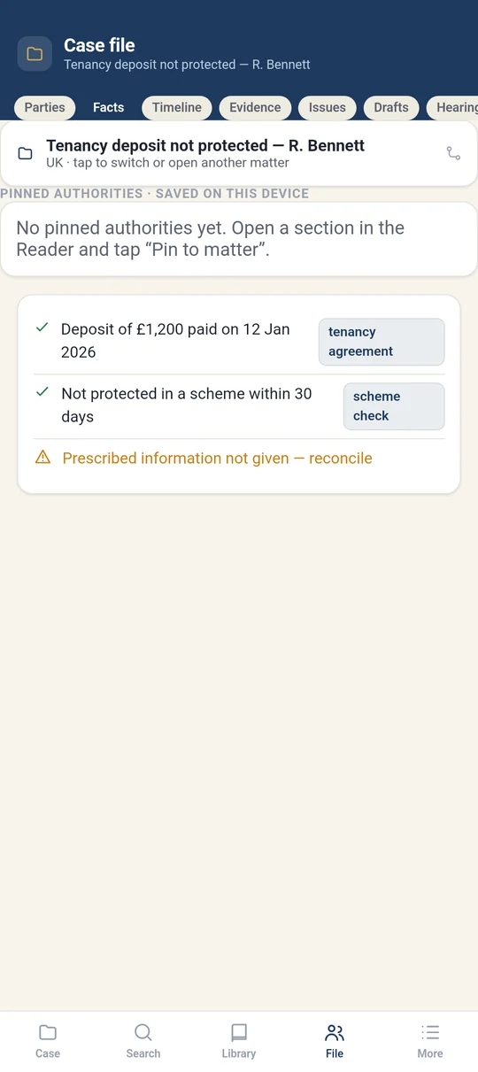 The case file keeps parties, facts, evidence, and drafts on the device, flagging inconsistencies to reconcile.