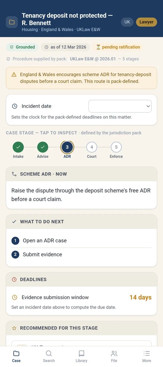 A matter walked through its pack-defined stages, with the next action and the statutory deadline computed for the jurisdiction.