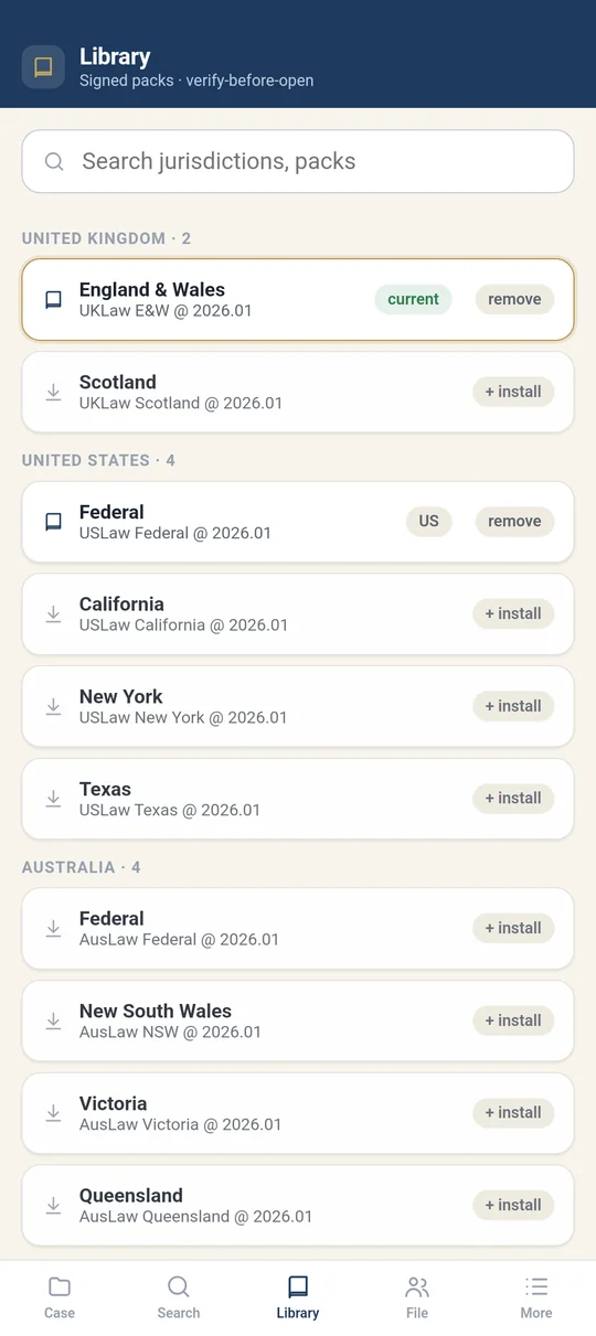 A signed, verify-before-open library of jurisdiction packs across the UK, the US, and Australia.