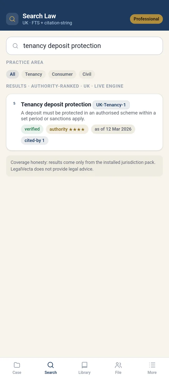 Search the installed jurisdiction pack. Results are authority-ranked and verified, with a coverage-honesty note that this is not legal advice.
