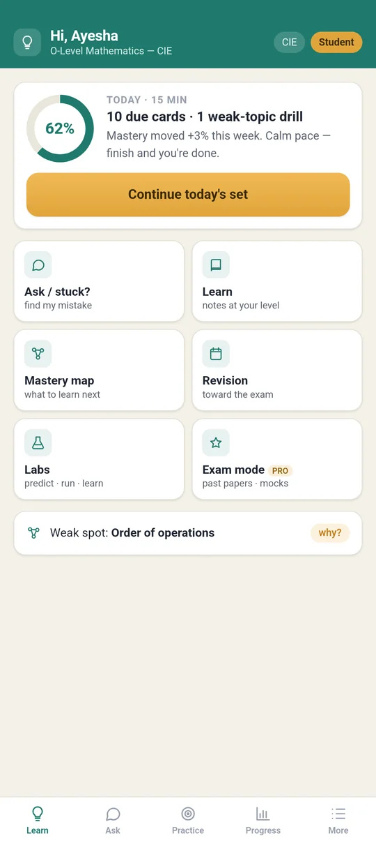 Today's set at a glance: mastery, due cards, and the next weak topic, at a calm pace with no streak guilt.