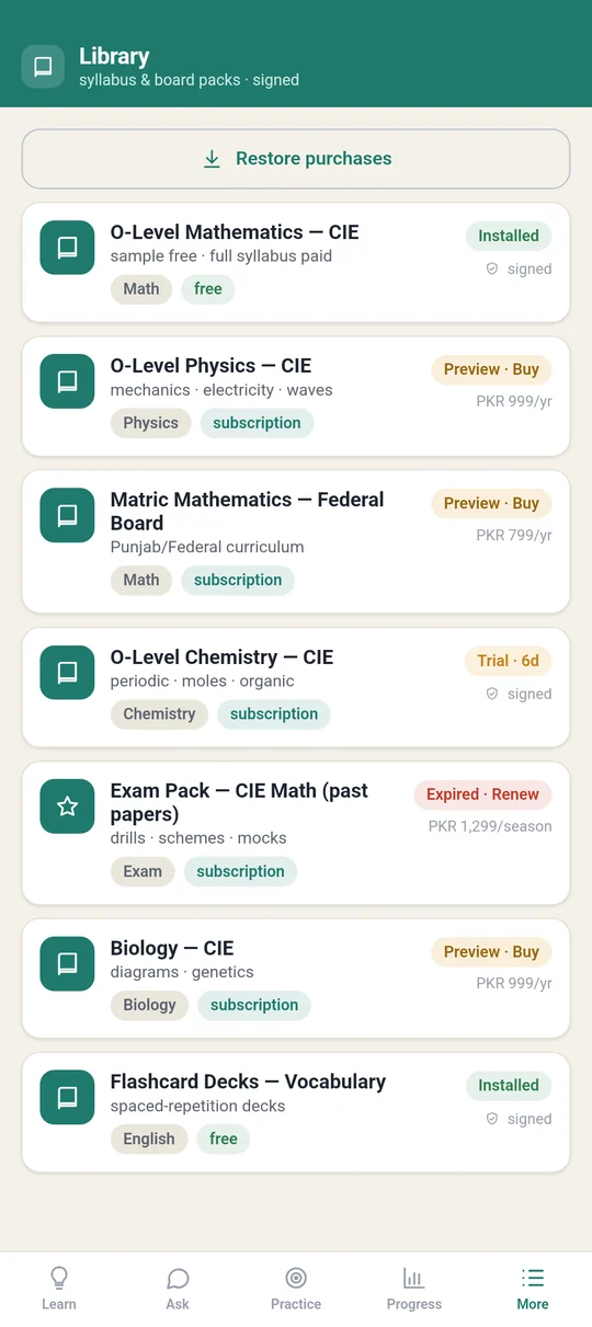 Your syllabus arrives as a signed, educator-reviewed pack, verified before it opens.